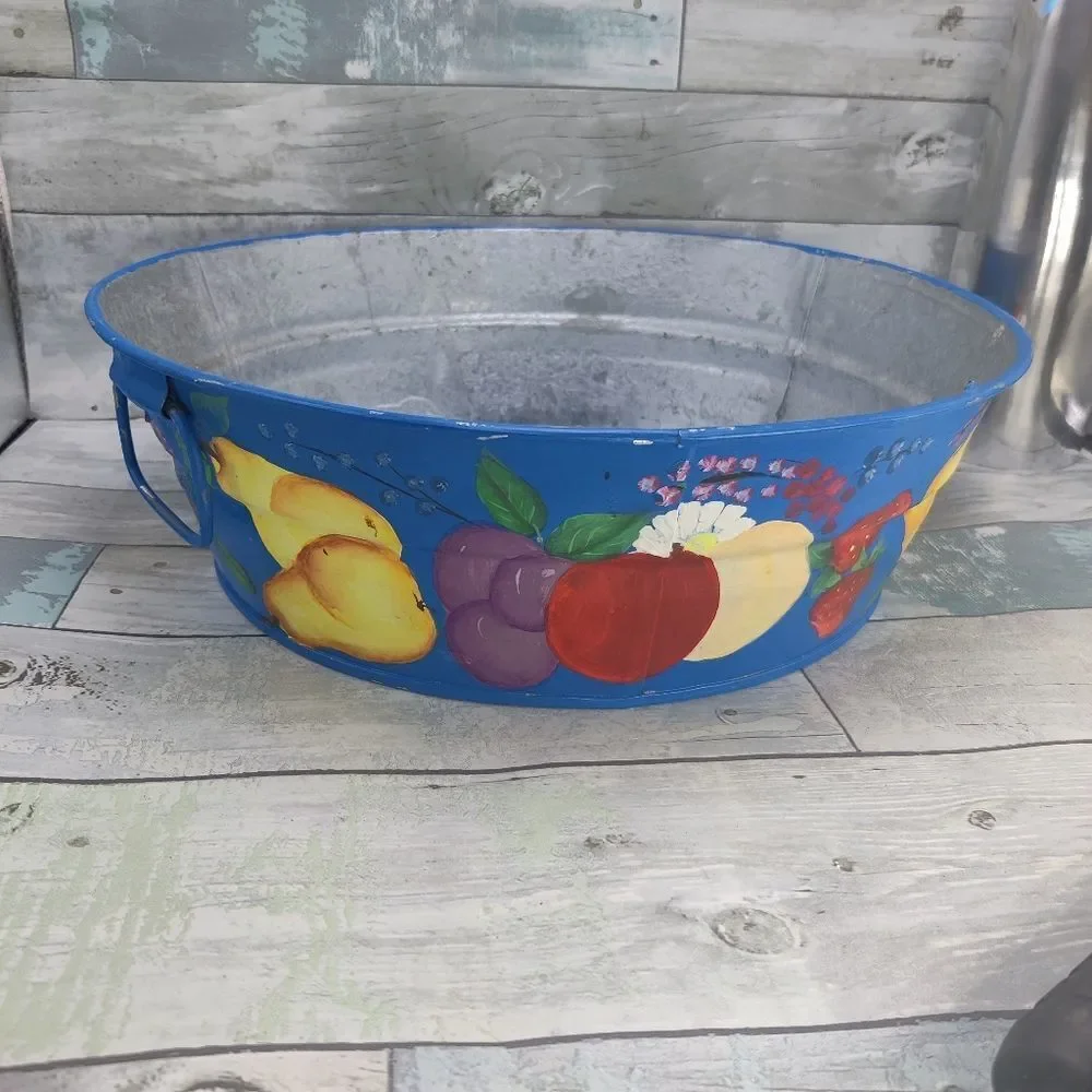 VINTAGE HAND Painted Galvanized Metal Tub Colorful Fruits on Blue